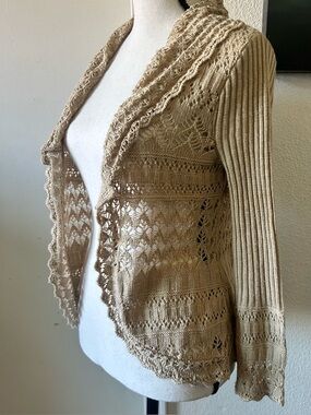 Y2K Retro Tan Crochet Pointelle Open Front Cardigan Boho Coastal Sz M Fairycore